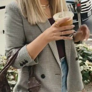 Mango Double-Breasted Green Cream Check Blazer Medium M NEW